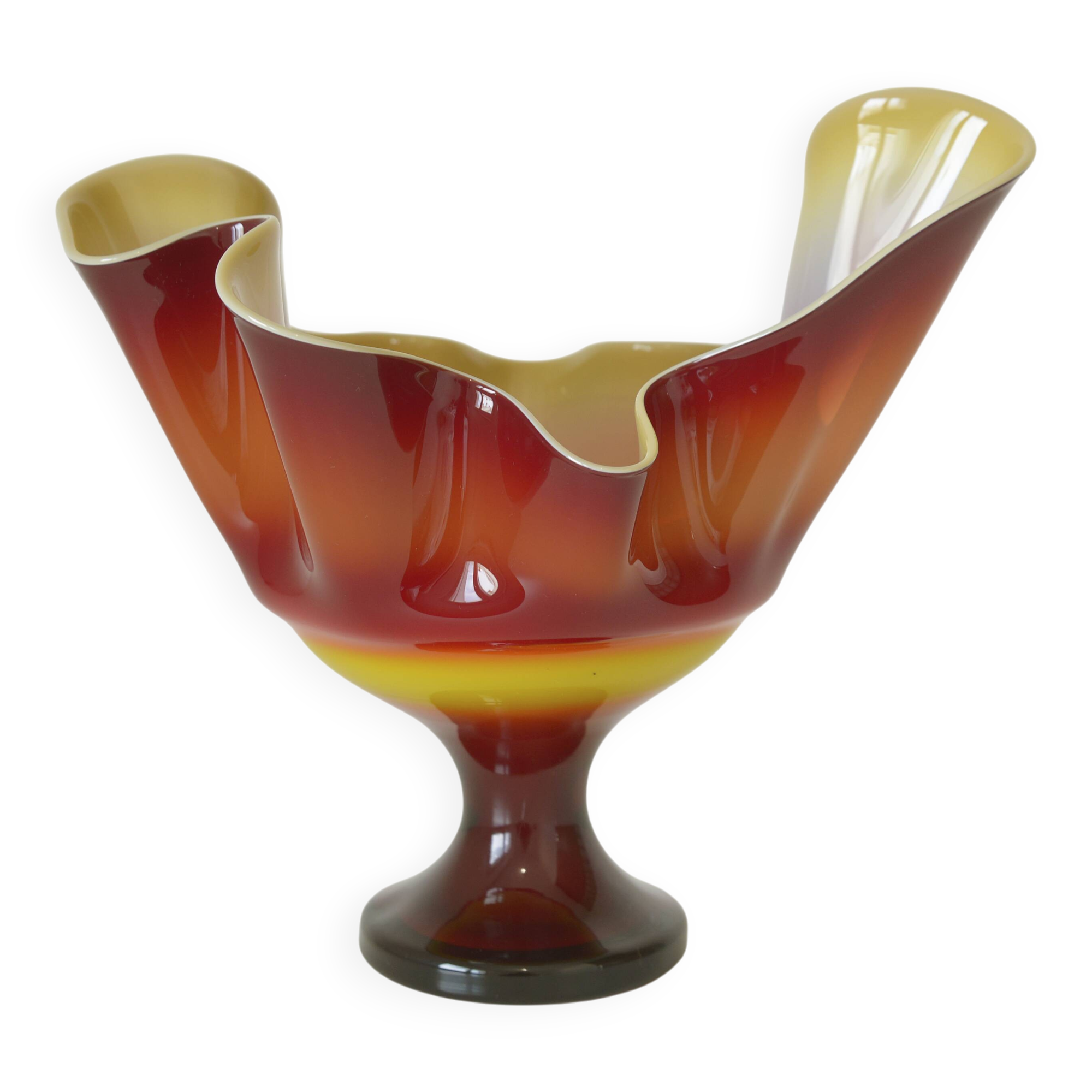 Vintage Swung Vase  Fruit Bowl Retro Red Blown Glass  Handmade Table Decor