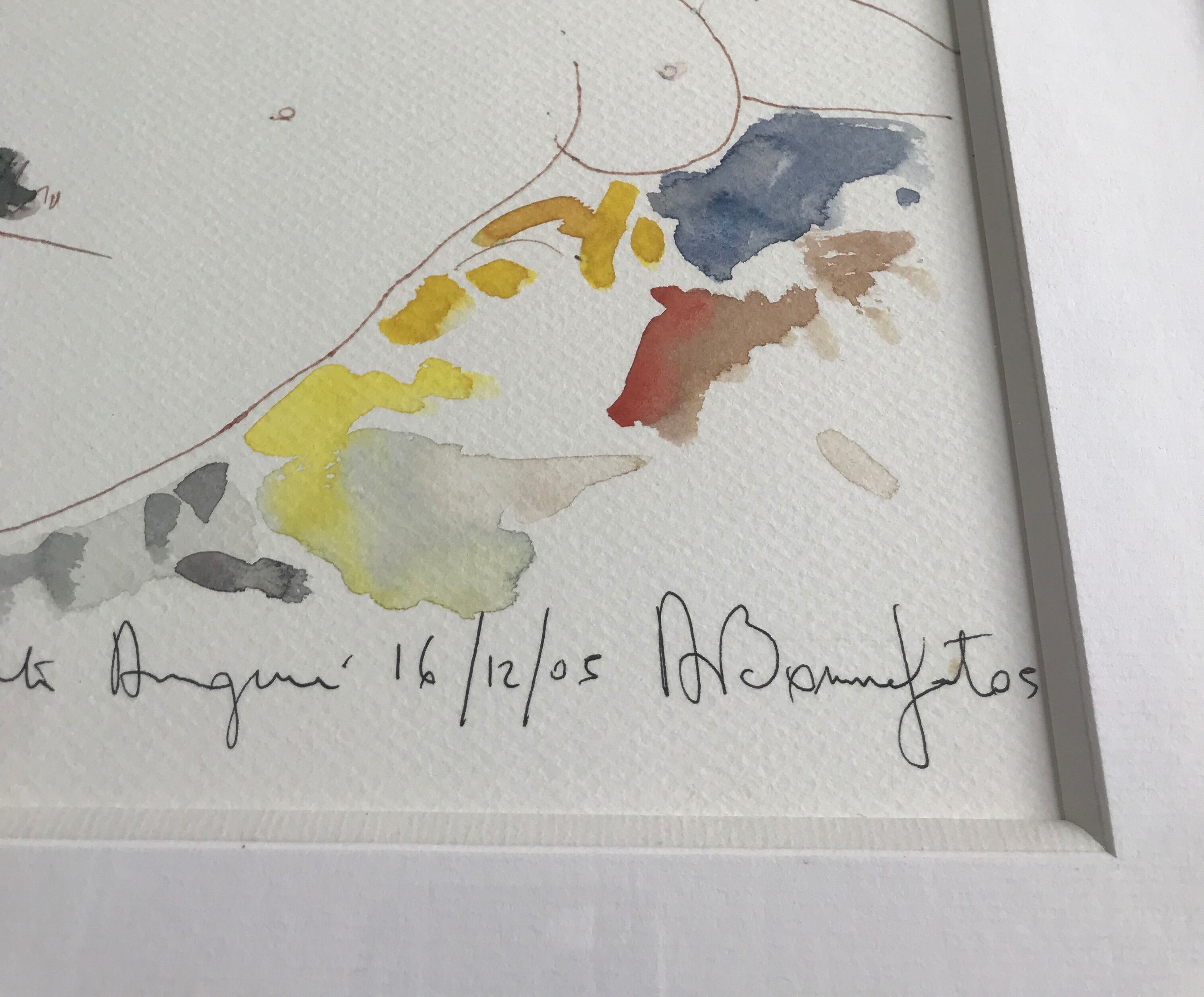 Watercolor in colors signed by alain bonnefoit, nude elongated, 2015