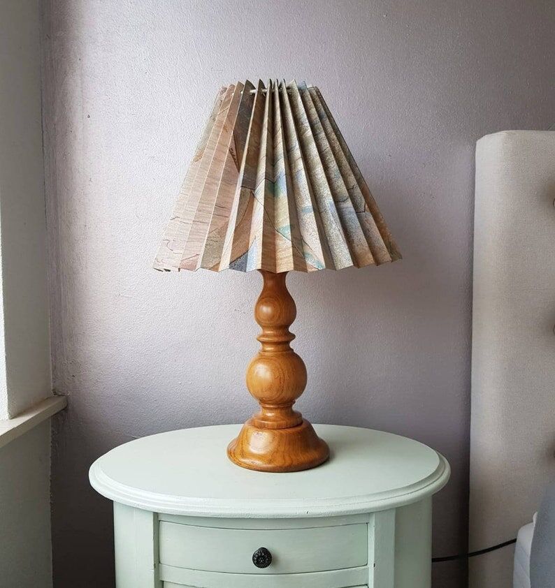 Vintage wooden lamp with pleated fabric lampshade 1980