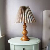 Vintage wooden lamp with pleated fabric lampshade 1980