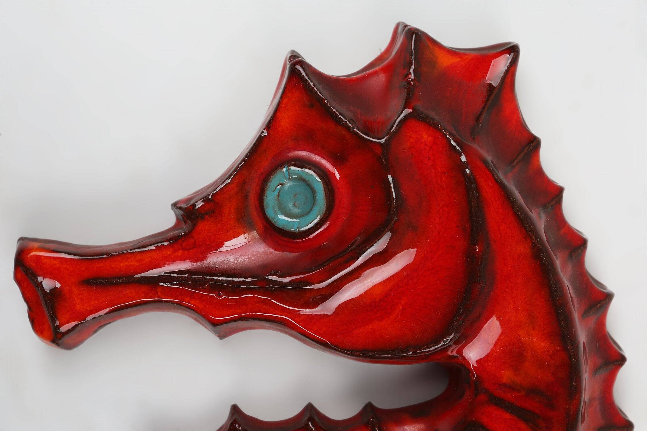 Belgian Ceramic Red Seahorse Plaque by André Bayer, 1960s