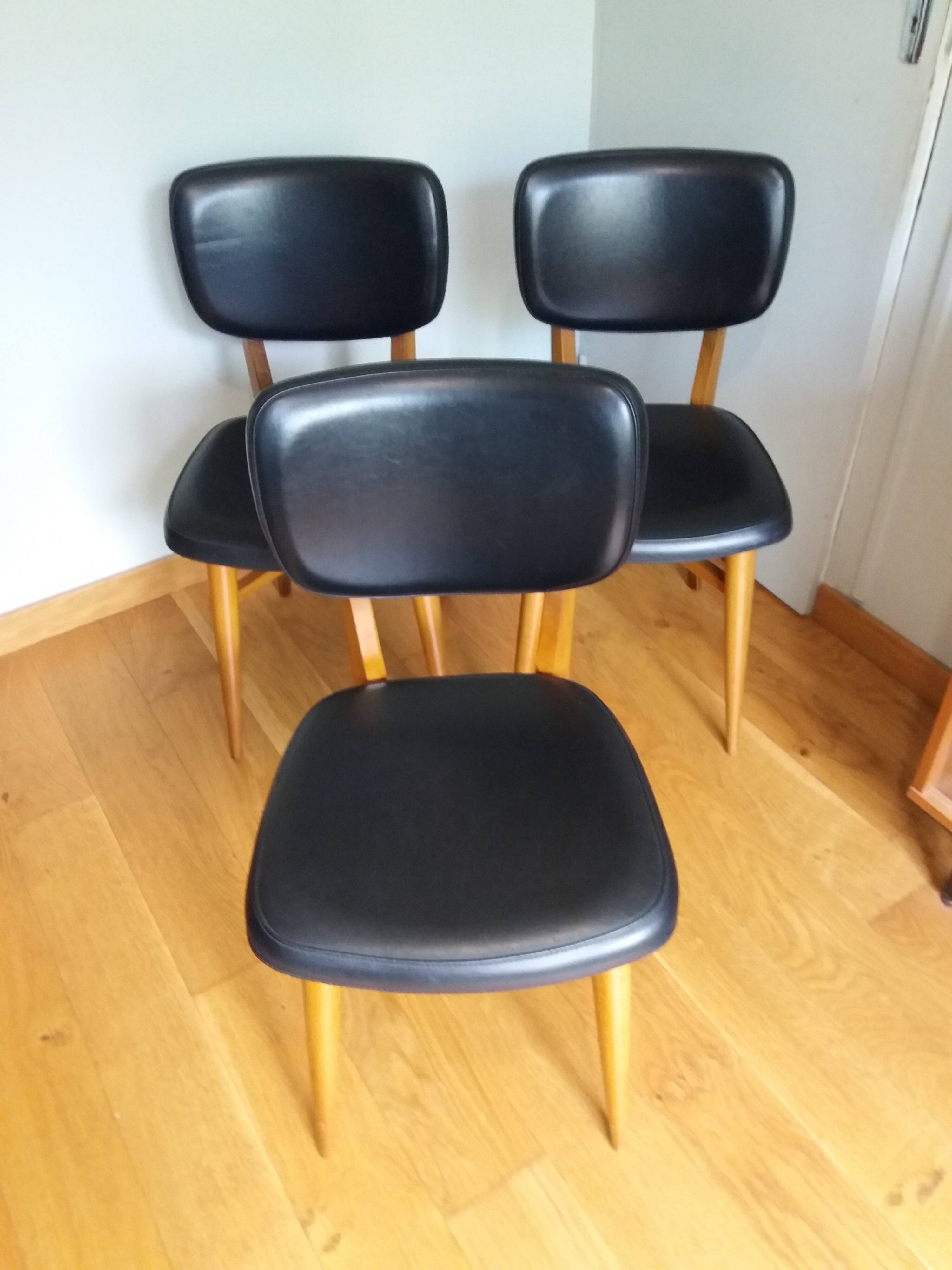 3 Scandinavian style skai faux leather and wood chairs