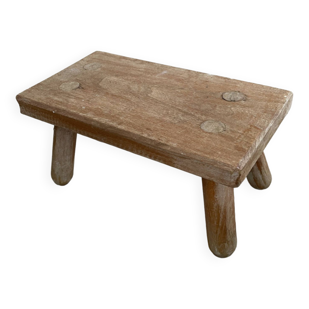 Ancien Tabouret Marchepied En Bois Peint à La Main - Décor Vache Et Fleurs