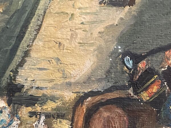 Huile sur toile, Scène Bretonne, village breton, signé Le Hellocq,  Pont Aven