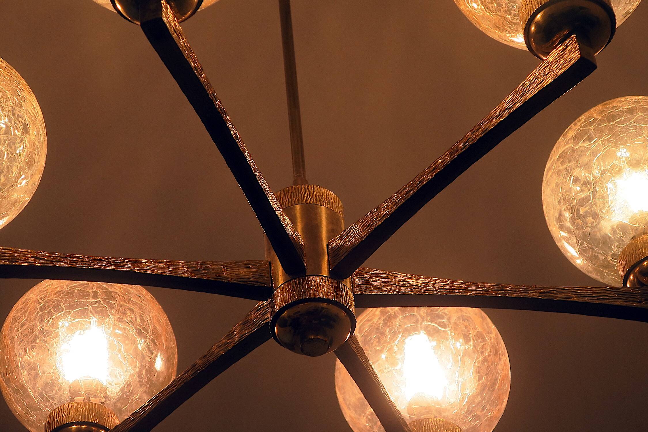 Angelo Brotto gold-plated brass chandelier with 6  globes, Italy 1960s