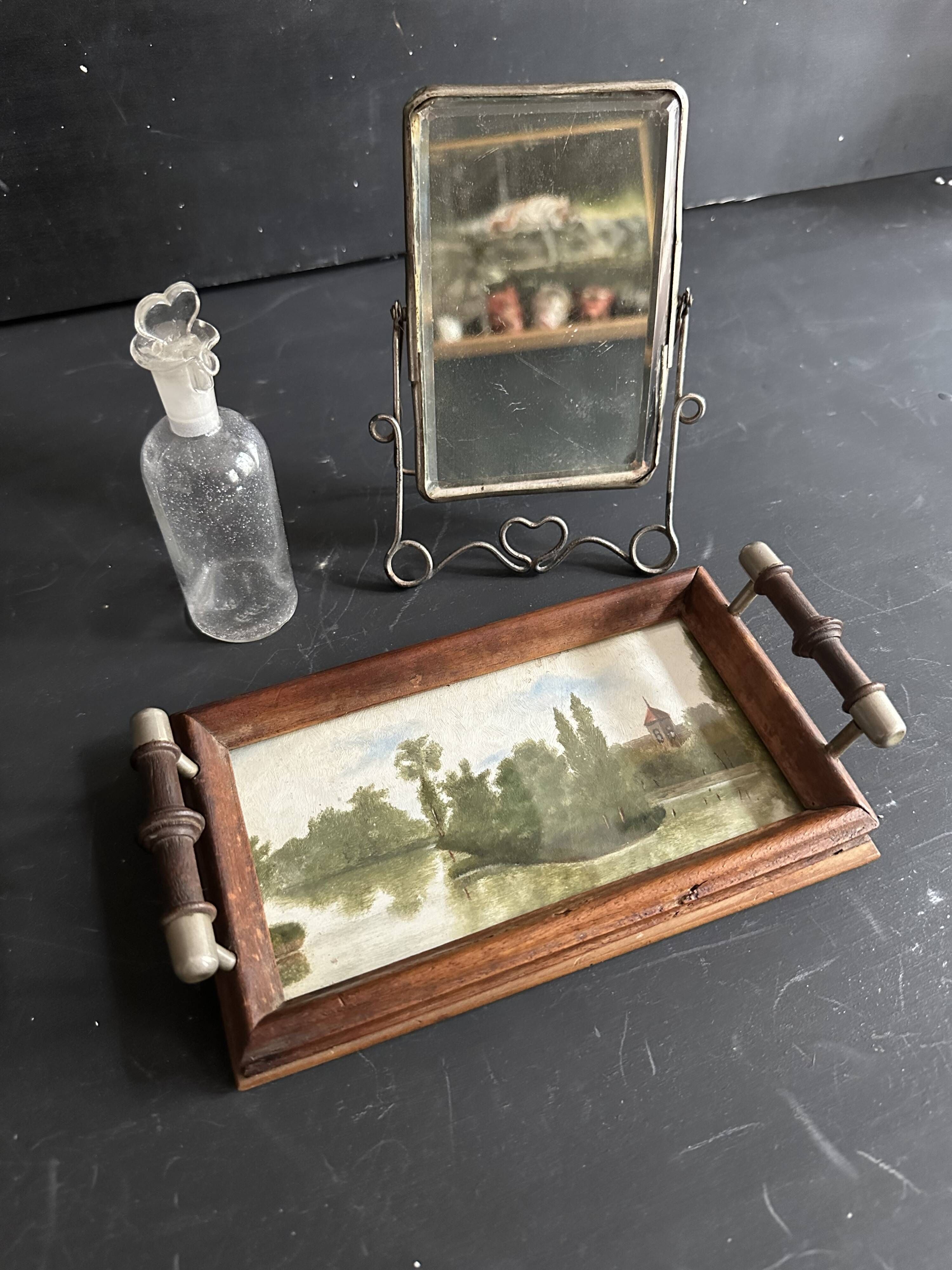 Antique miniature plateau, oil painting, turned wood and brass.