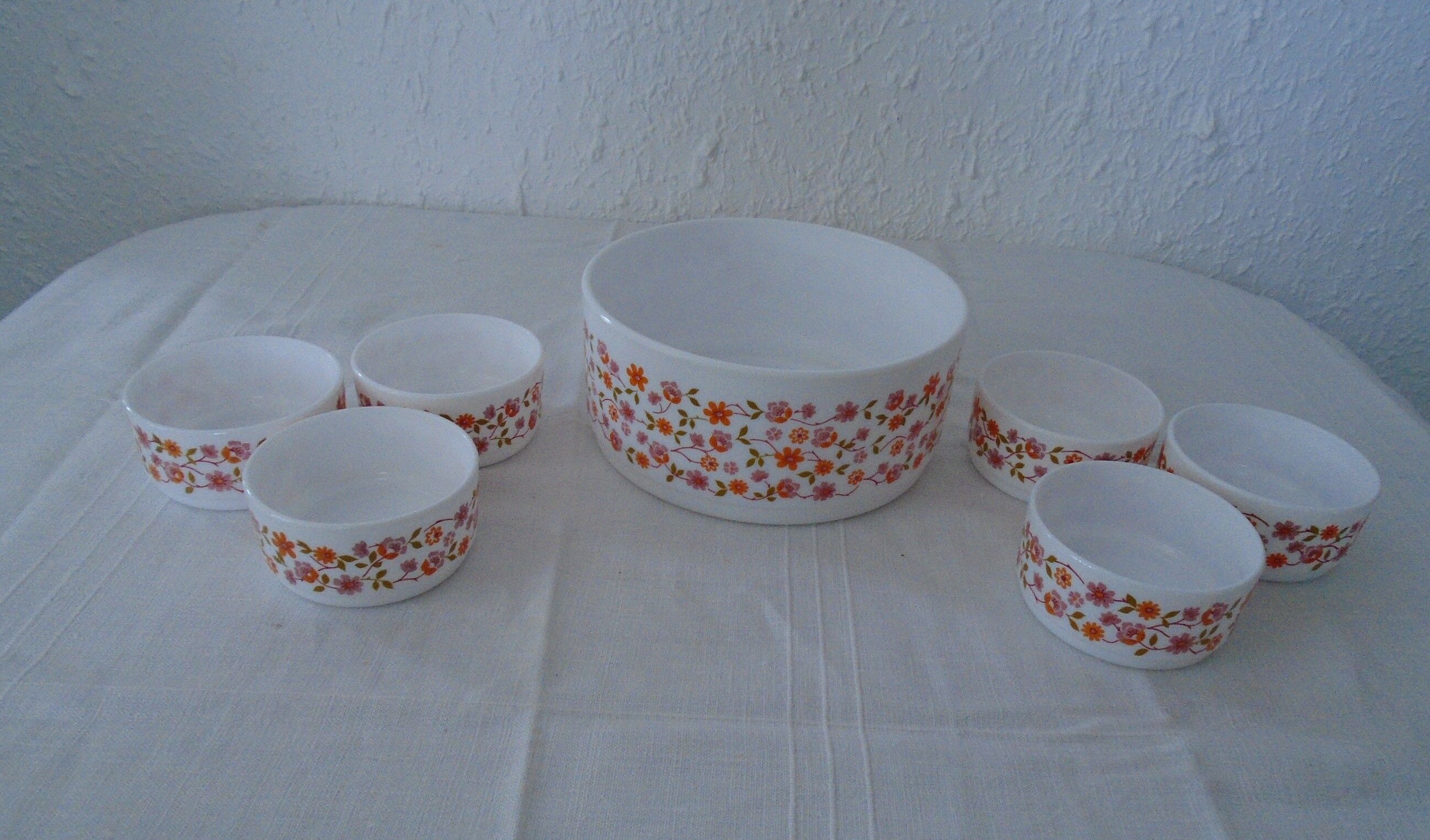 Saladier - t 6 cups scania orange flowers vintage arcopal