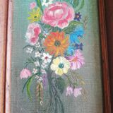 Tableau peinture à l'huile bouquet cadre bois signée pagano