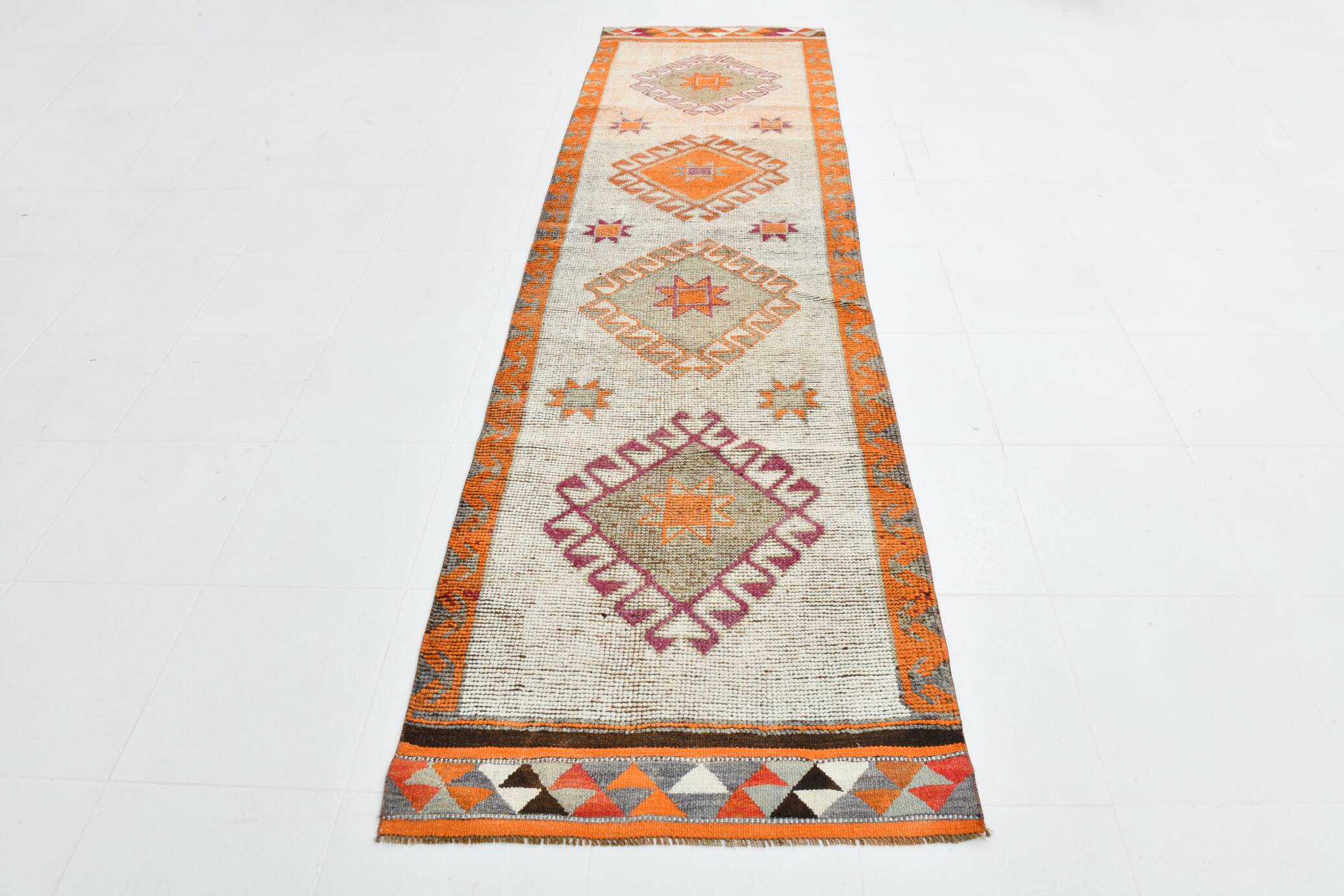 Vintage Orange Pattern Turkish Runner Rug, 95x342 Cm
