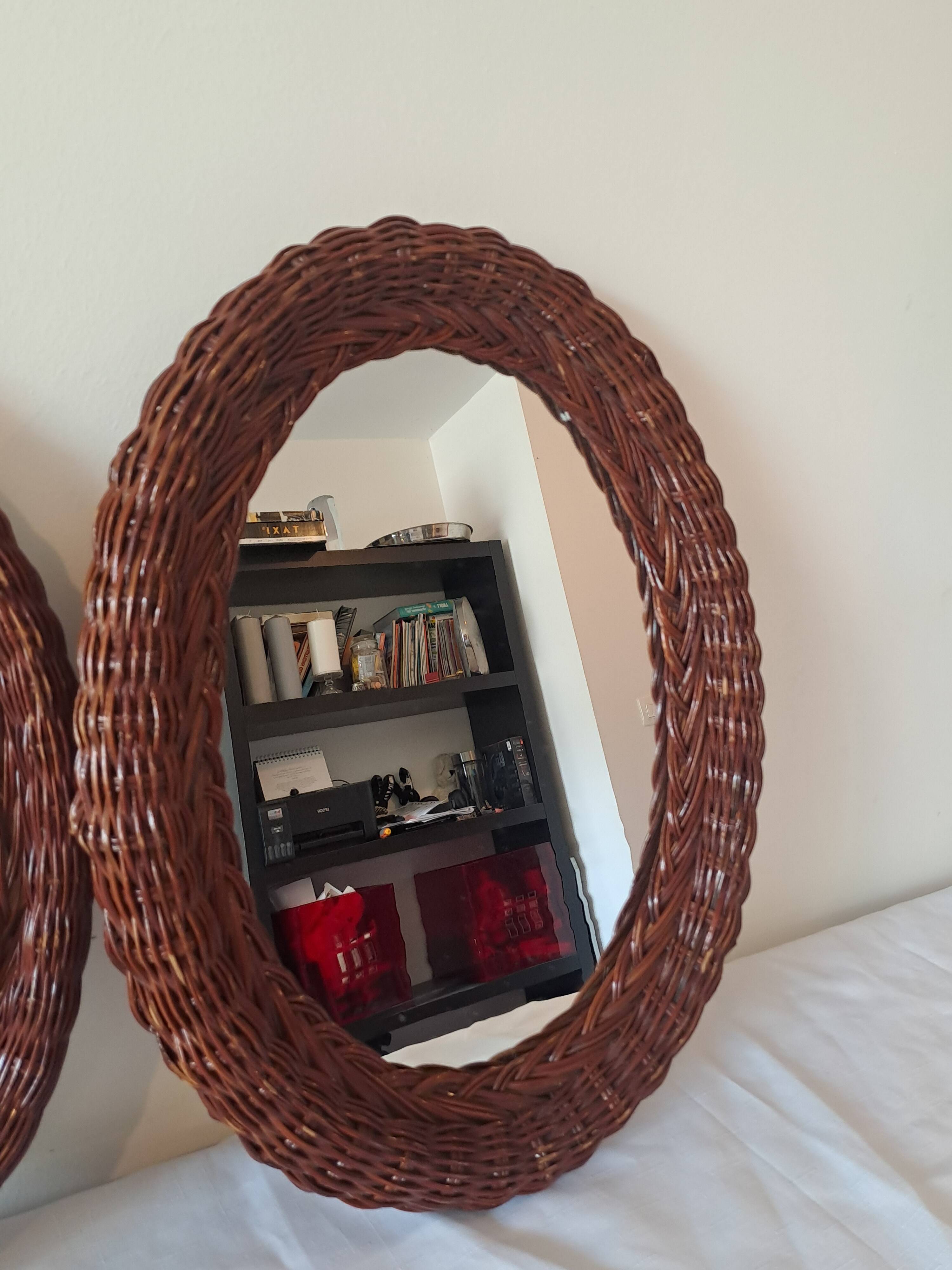 Set of 2 round woven rattan mirrors — vintage bohemian style