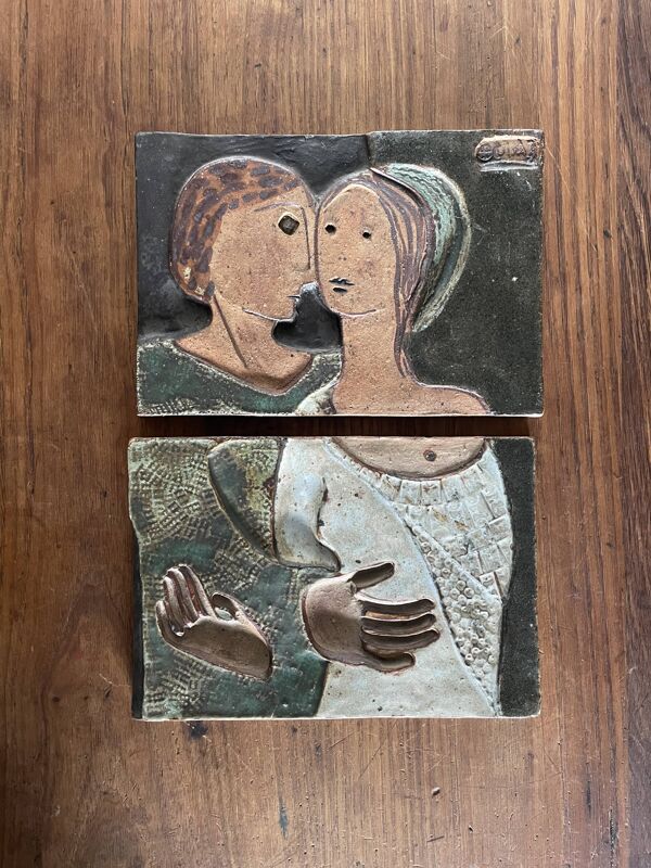 Carreau d'art mural figuratif moderniste en grès polychrome 1975