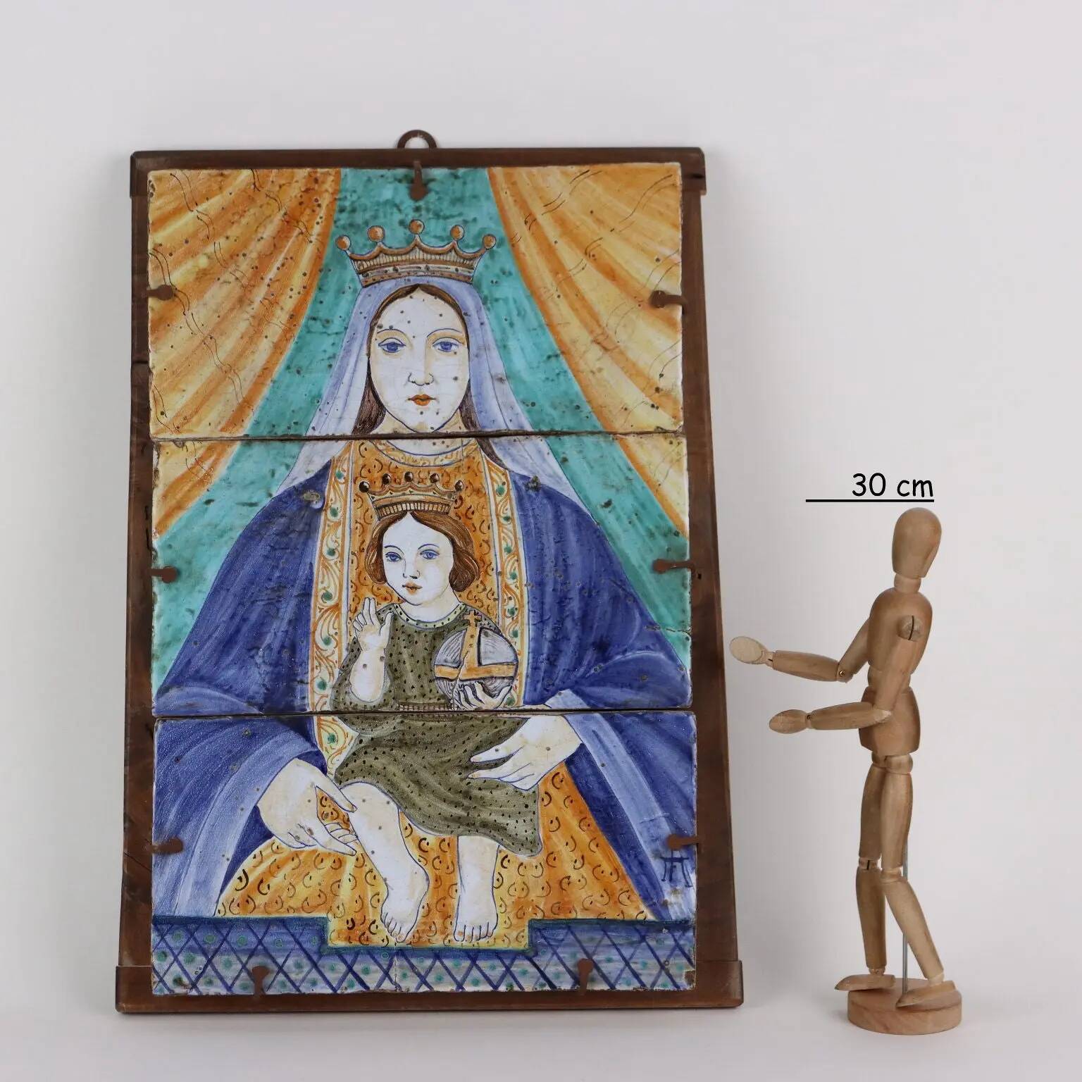 Ancient majolica painting on wood, religious subject, Italy 20th century.