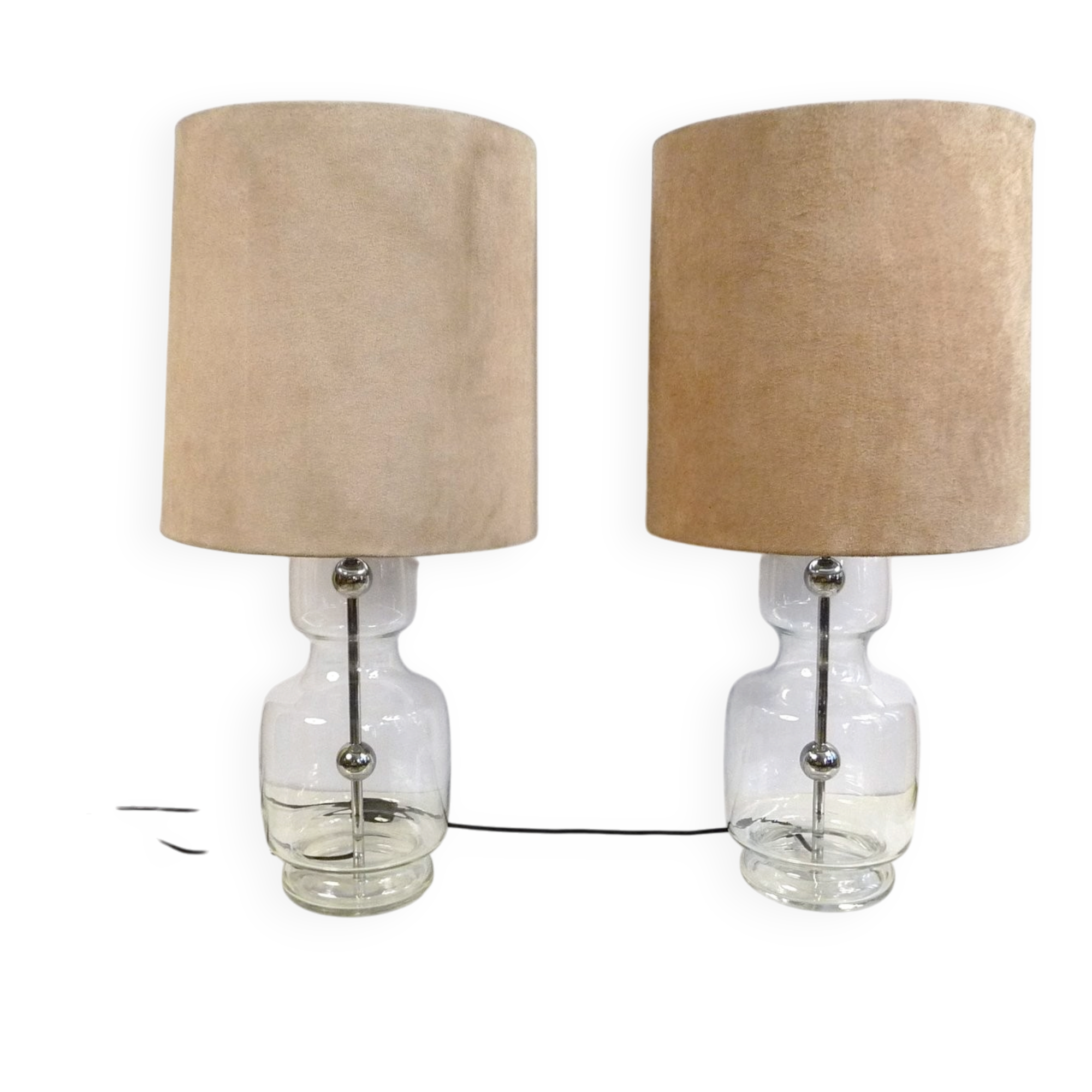 Set of 2 Glass & chrome table lamps with alcantara lampshades, 1960s