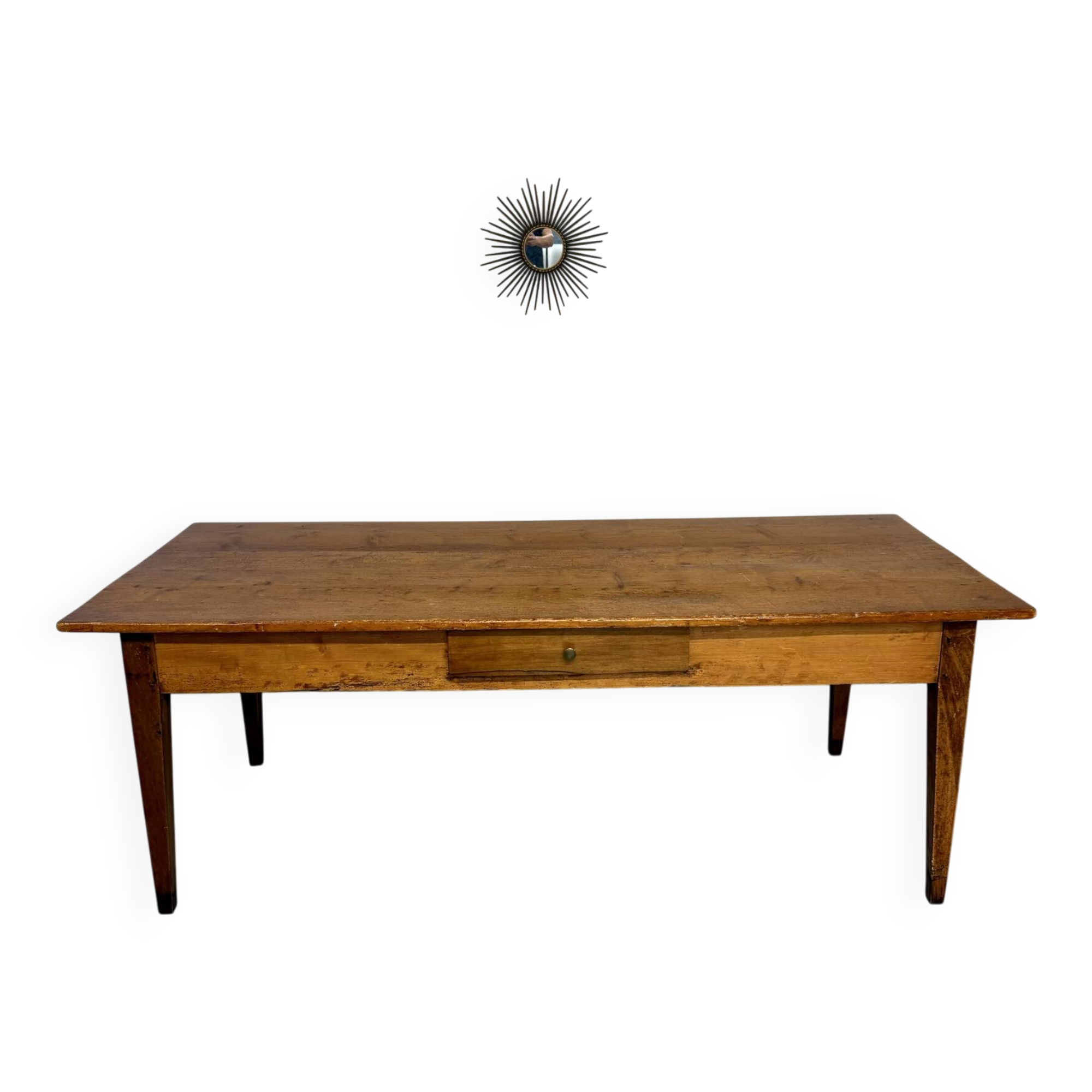 Grande table de ferme en bois avec tiroir en sapin fin 19 eme 