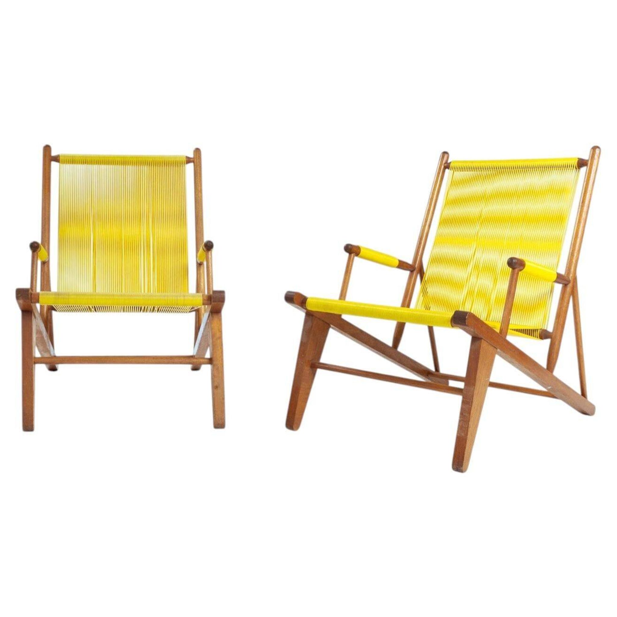 2 Yellow Spaghetti Armchairs in Beech, Garden Lounge Chairs, 1960s