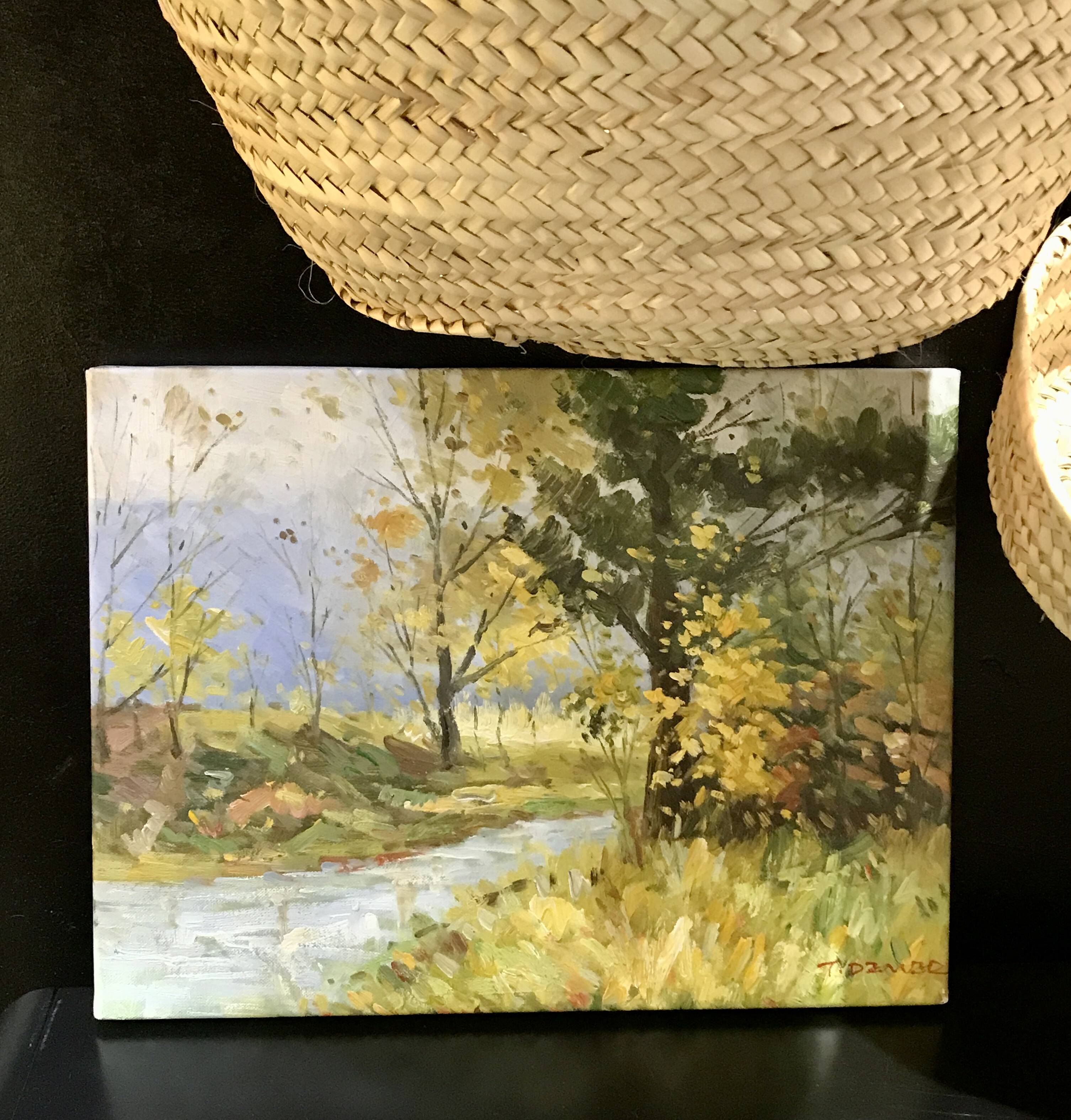 Old oil on canvas "Stream in the autumn countryside"