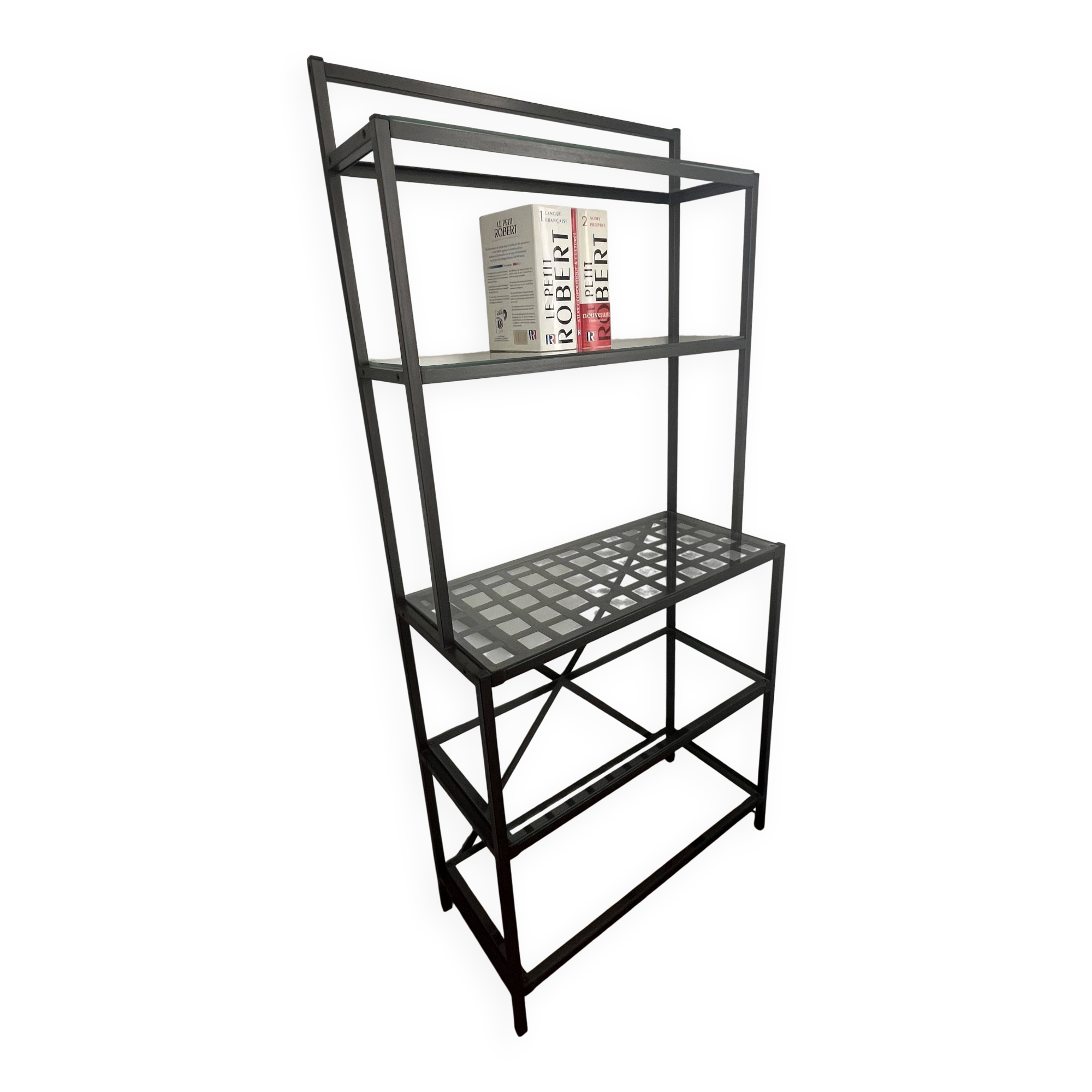 Black metal designer shelf with glass shelves