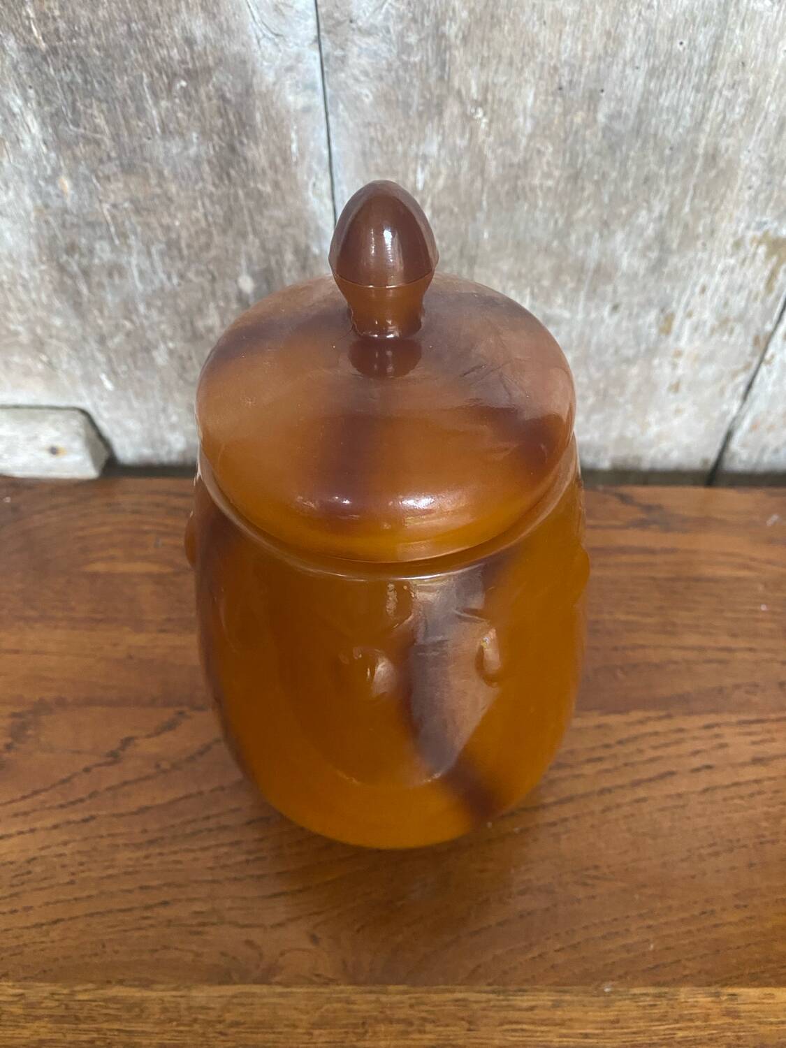 Antique Orange Marbled Glass Jar Pot + Vintage Kitchen Lid #B721
