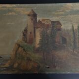 Painting oil on canvas seascape with castle