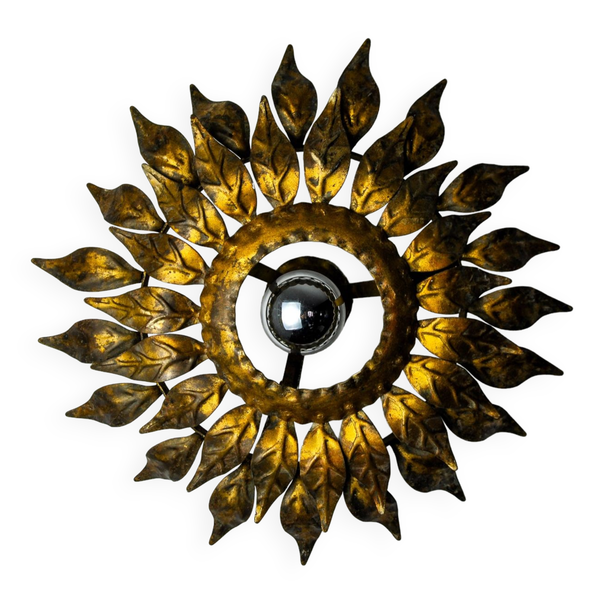 Sun wall lamp by ferro arte, metal and gold leaf, Spain, 1960