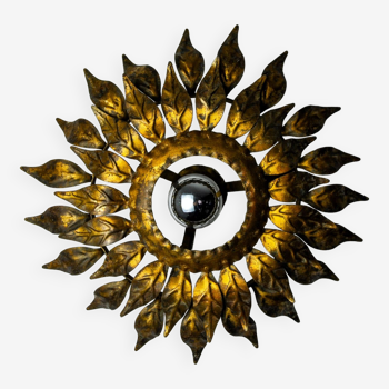 Sun wall lamp by ferro arte, metal and gold leaf, Spain, 1960