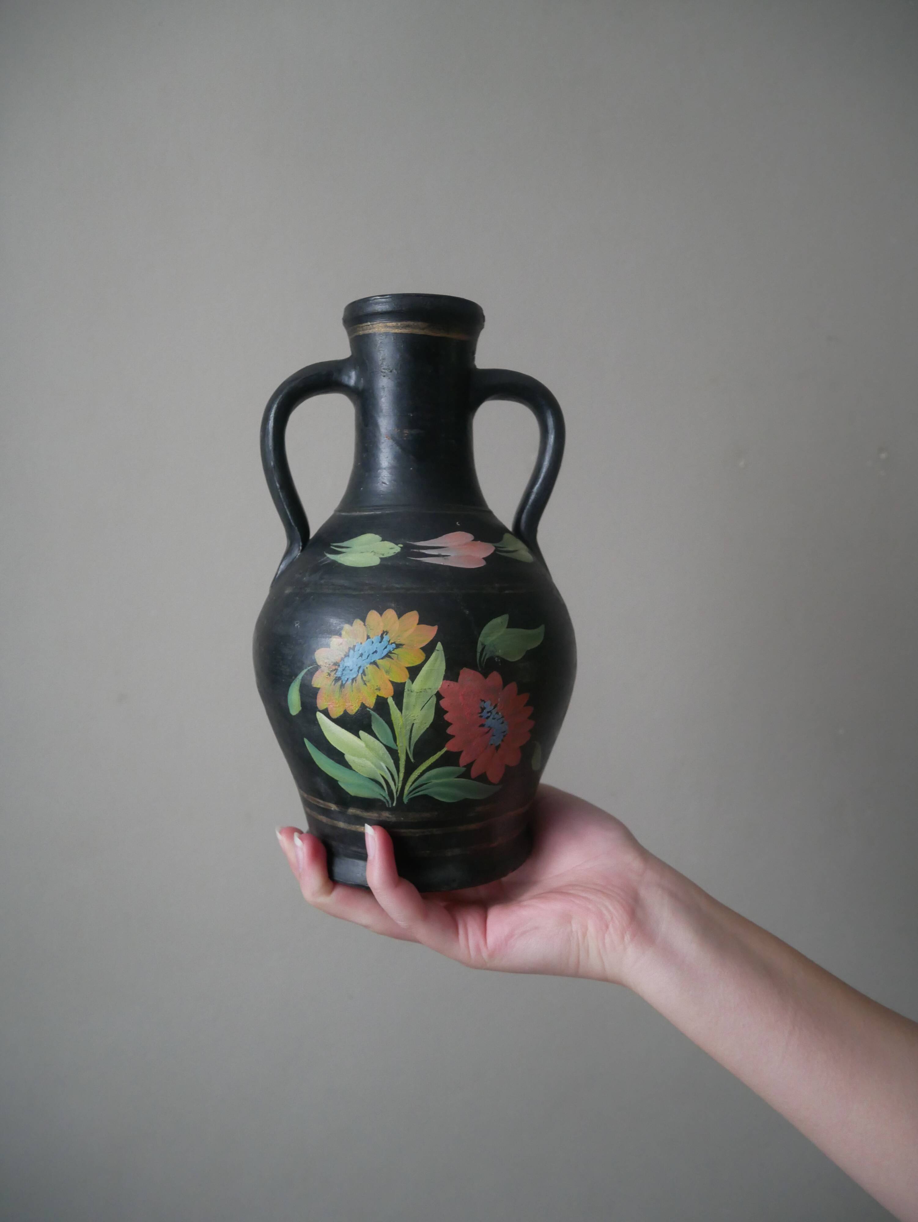 Handmade pottery vase with handles, handcrafted ceramics, antique countryside, floral decor