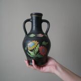 Handmade pottery vase with handles, handcrafted ceramics, antique countryside, floral decor