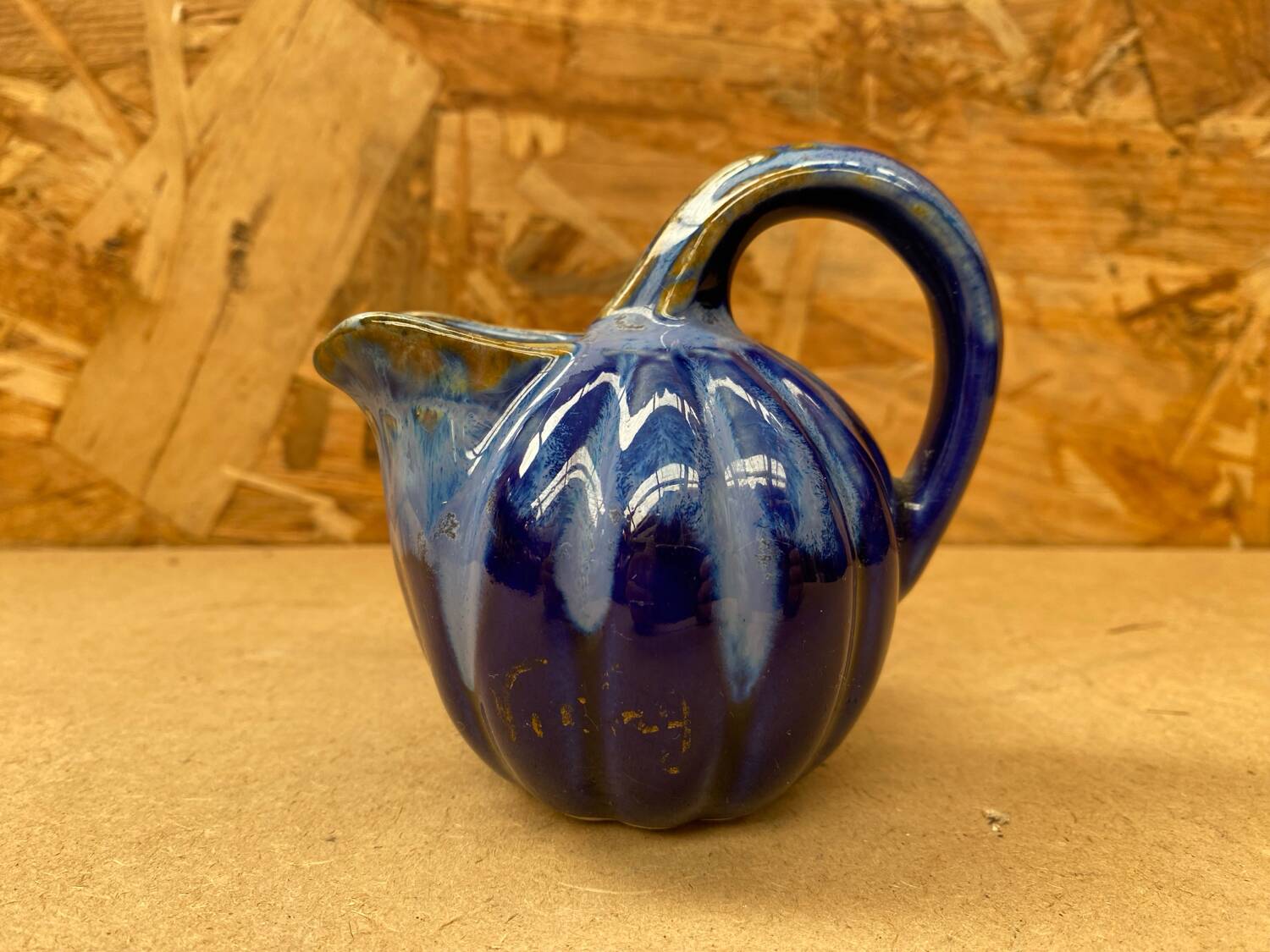 Antique alphonse mouton melon pitcher flamed ceramic blue vintage