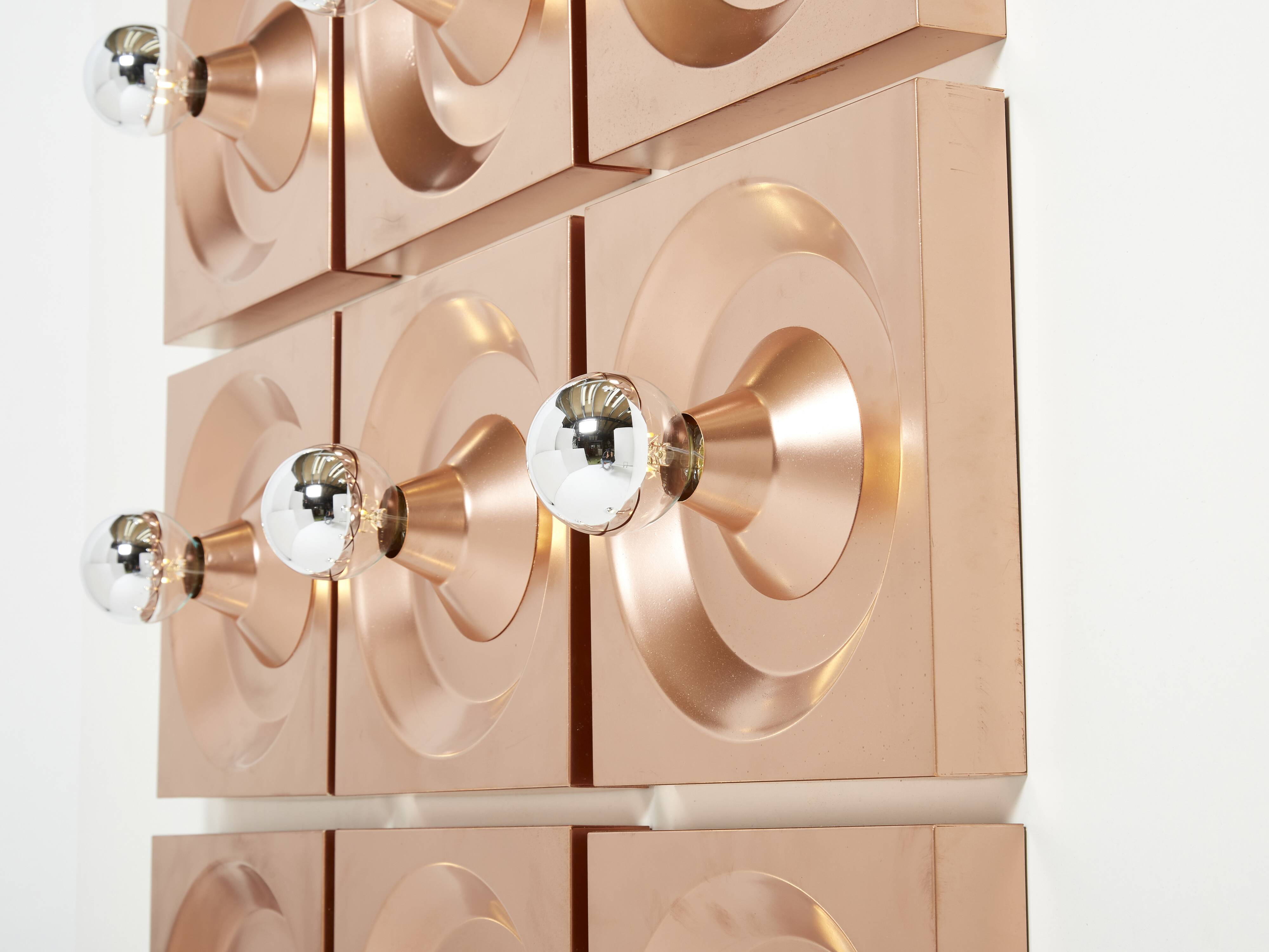 Set of nine wall lamps copper Klaus Hempel for Kaiser Leuchten 1970