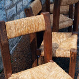 Brutalist chairs in pine and straw, France, 1950s, set of 4