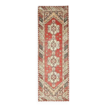 tapis Couloir vintage turc Oushak fait main en laine et coton rouge 95x301