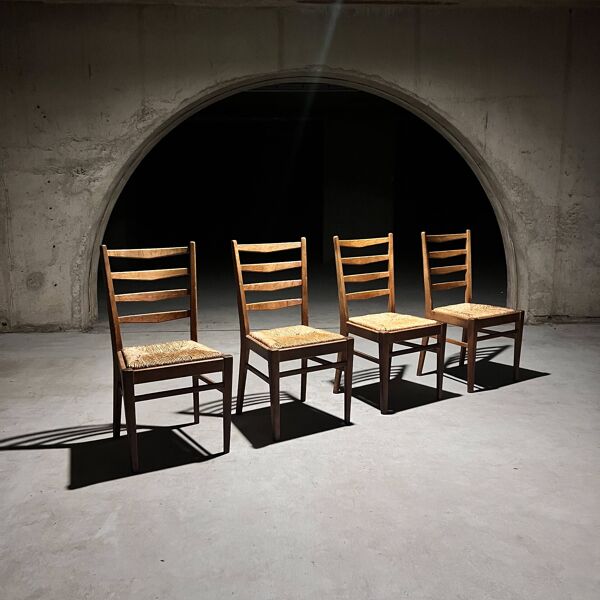 Lot de 4 chaises de salle à manger hollandaises en chêne et jonc, années 1950