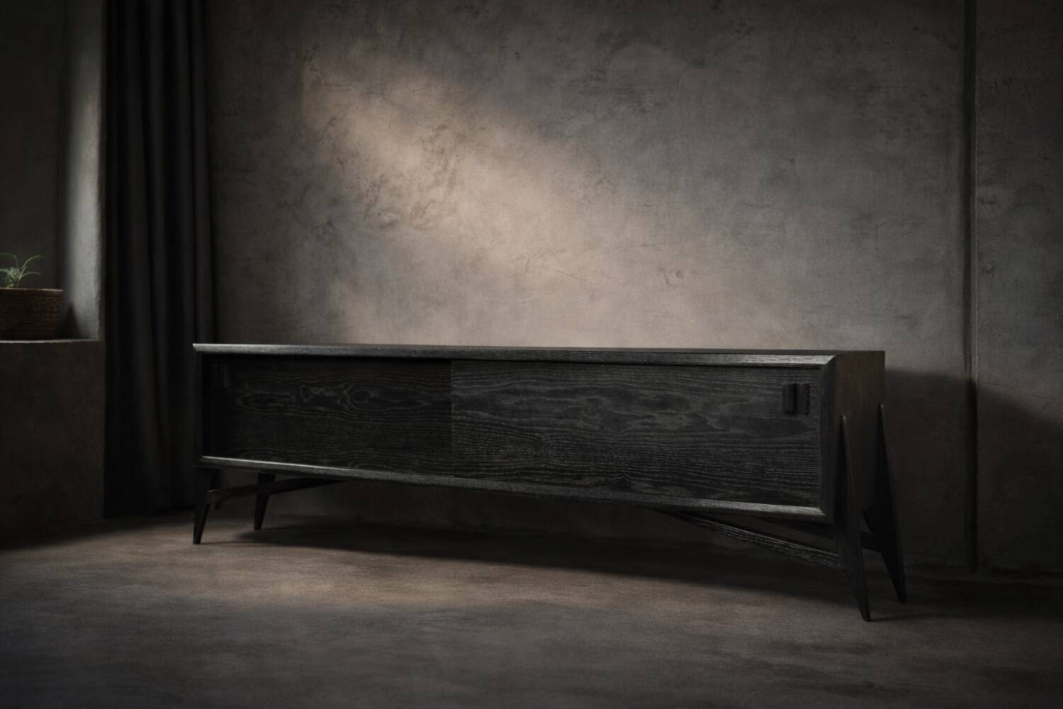 Vintage Mid-Century Scandinavian Modern Dark Oak Sideboard & Wooden Handles
