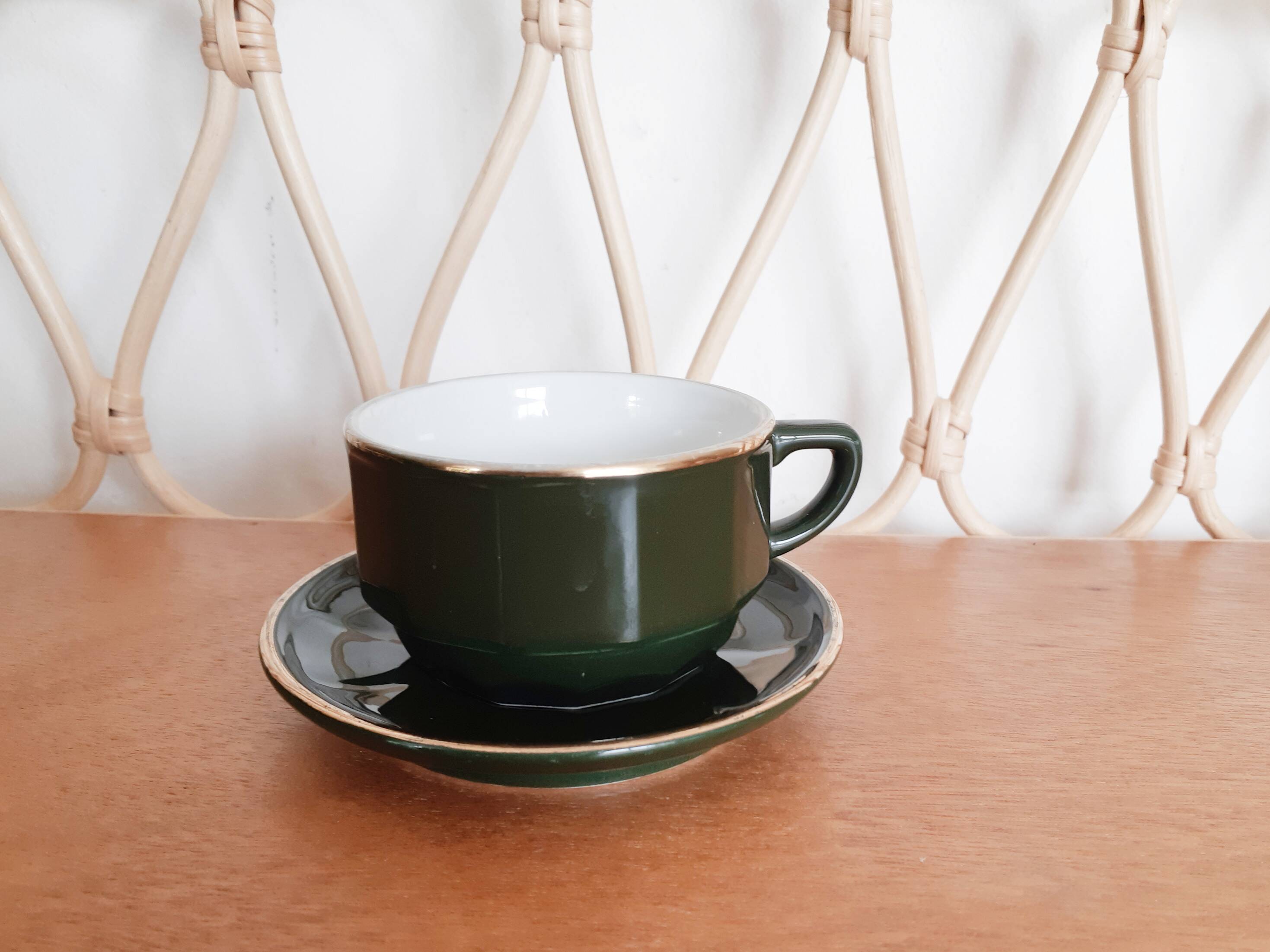 Chocolate cup or large green and gold bistro café "Apilco", porcelain