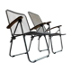 Pair of vintage silver aluminum wire folding chairs with wooden armrests — industrial minimalist