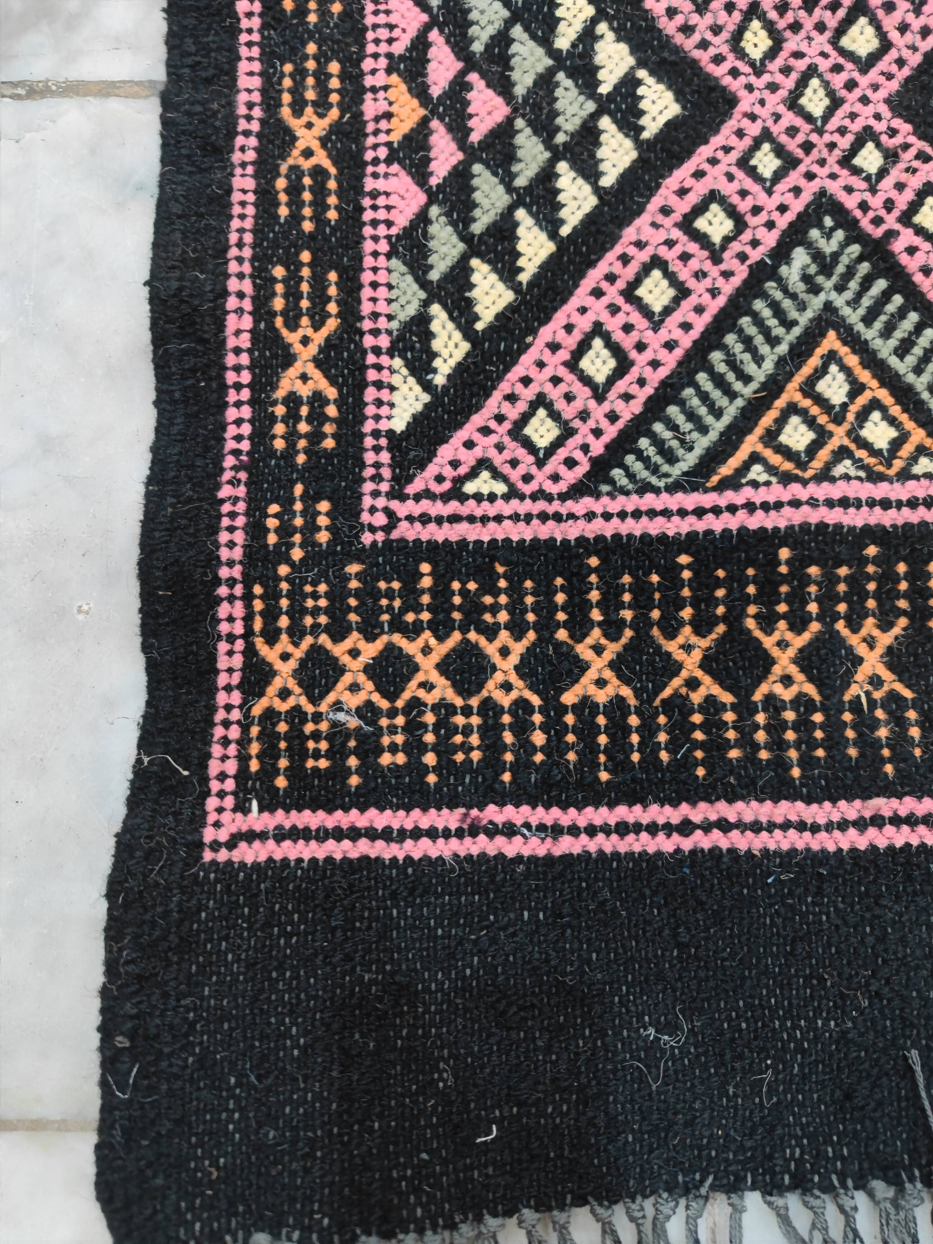 Colorful black margoum rug hand-woven in natural wool