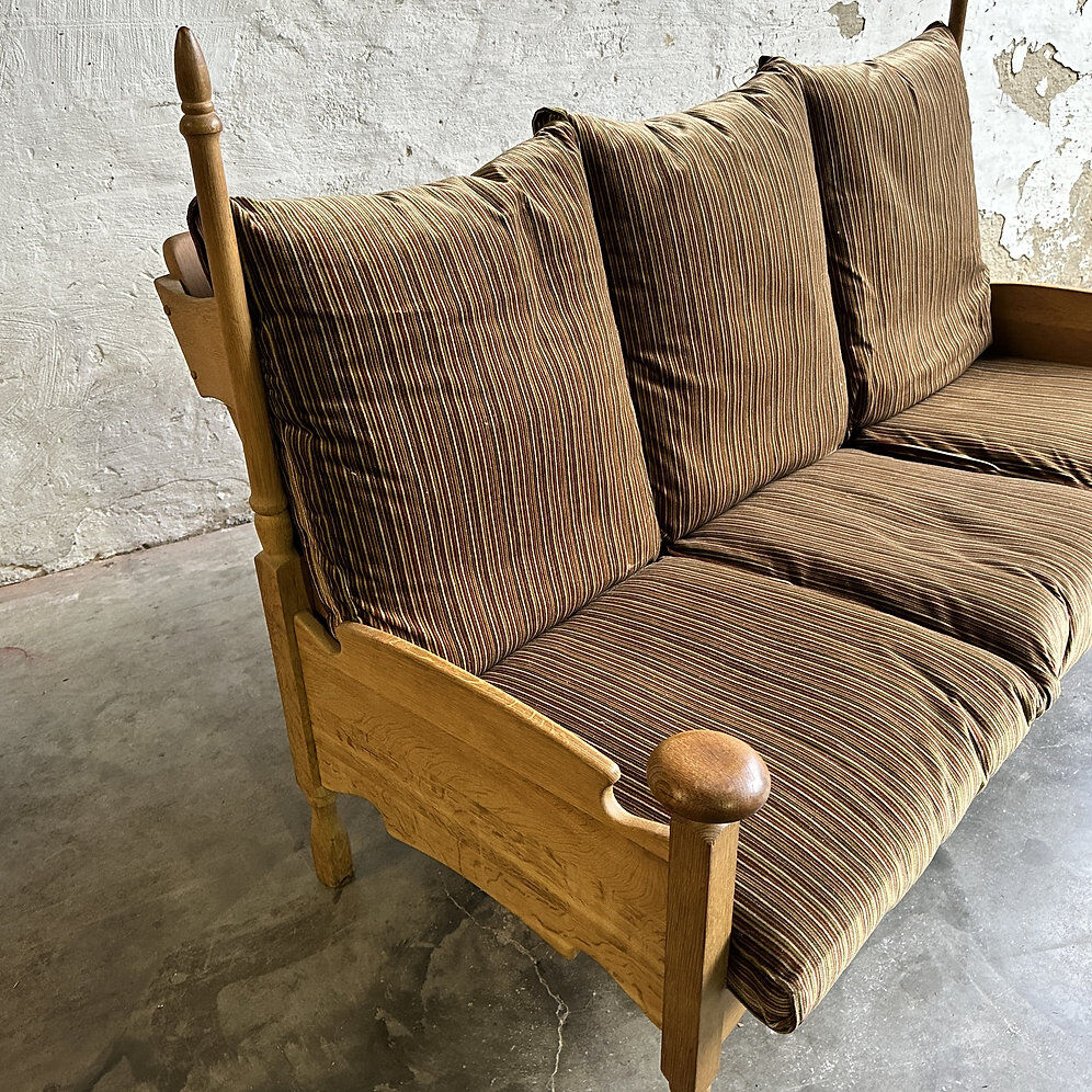 1950s brutalist oak and velvet throne-like sofa