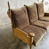 1950s brutalist oak and velvet throne-like sofa