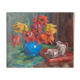HST painting signed Aimée Beylot "Still life with flowers and porcelain" circa 1950
