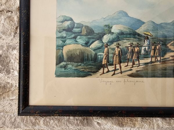 Tableau Aquarelle sur papier Madagascar Voyage filanjana Signé R Rakoto