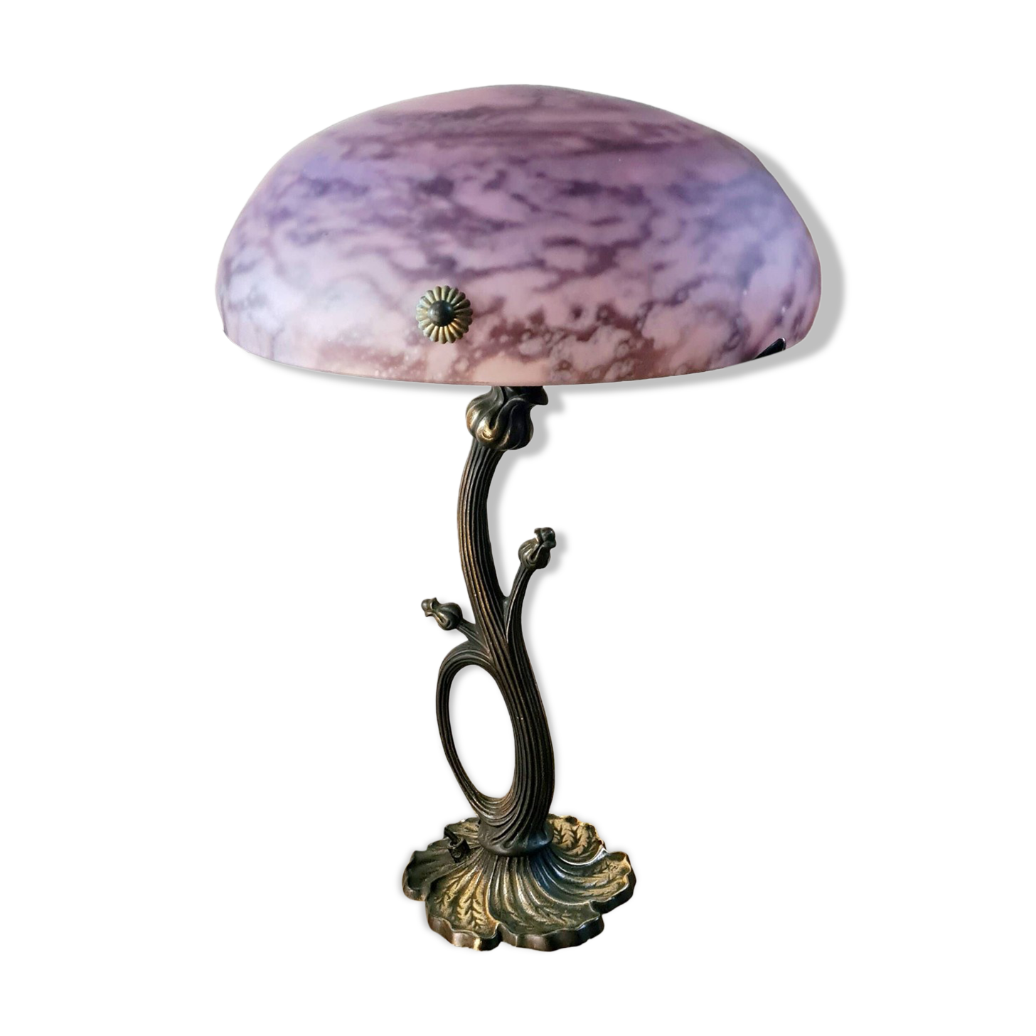 Art nouveau style bronze lamp and its marbled glass paste basin 48x30