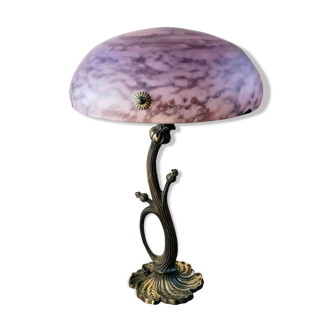 Lampe bronze style art nouveau et sa vasque marbré en pate de verre 48x30
