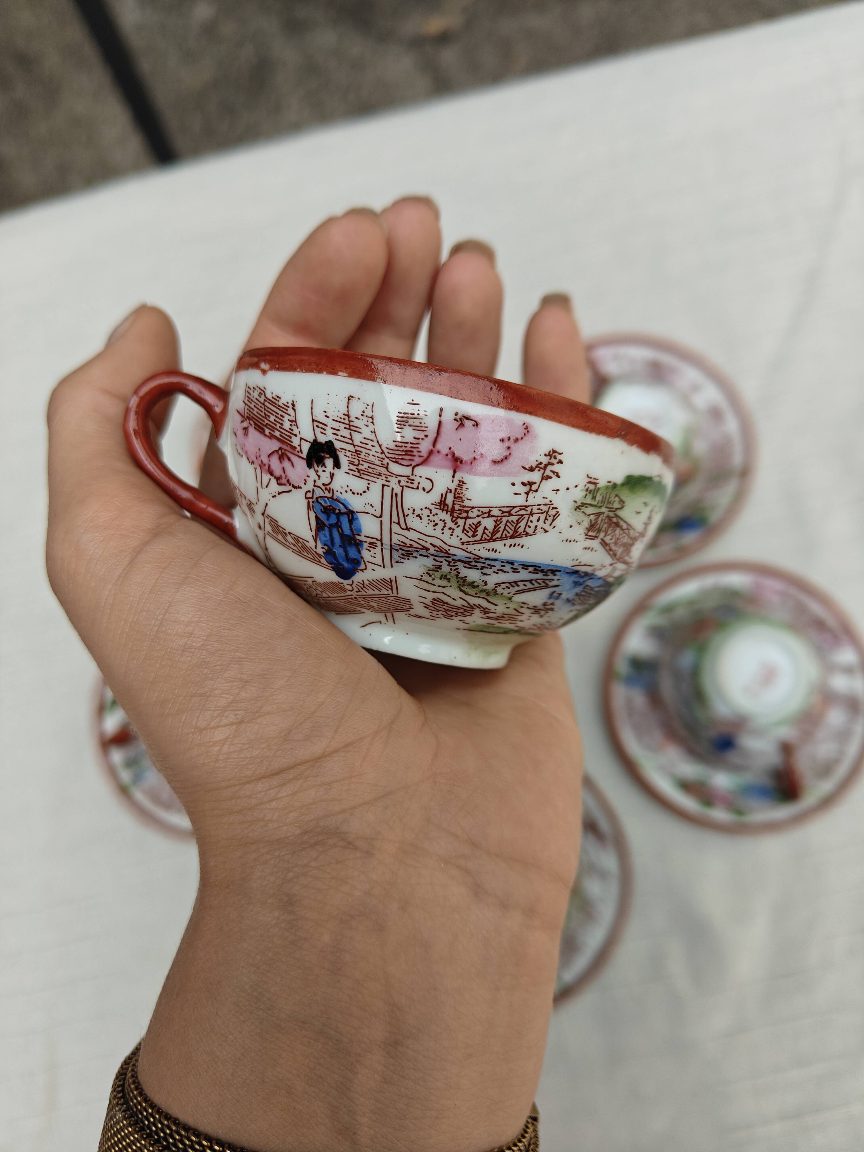 Vintage Japanese tea/coffee service, egg shell porcelain & enamels for 5 people.