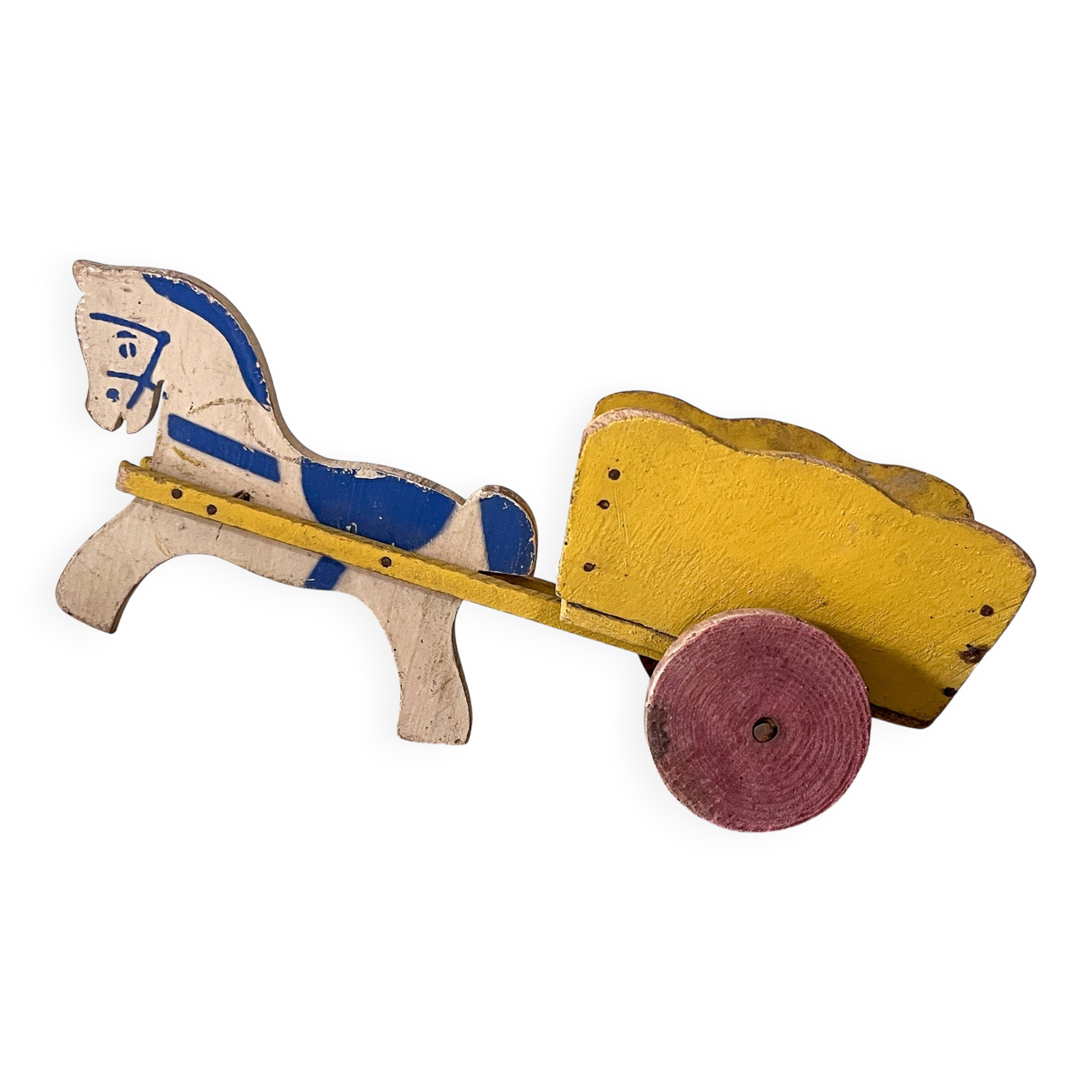 Horse cart and cart, old wooden pull toy.