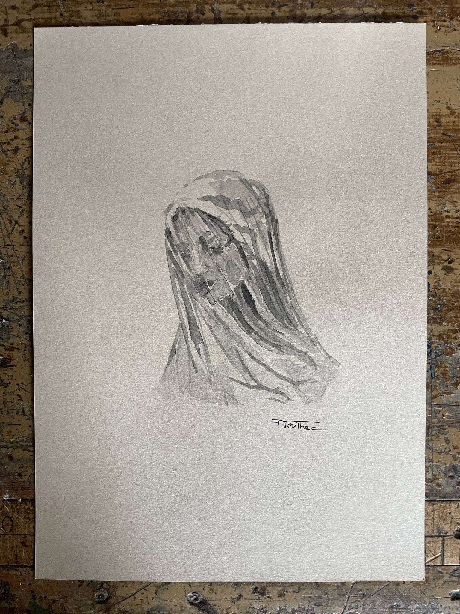 Painting signed watercolor monochrome sepia study statue of “the veiled virgin by Giovanni Strazza”