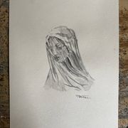 Painting signed watercolor monochrome sepia study statue of “the veiled virgin by Giovanni Strazza”
