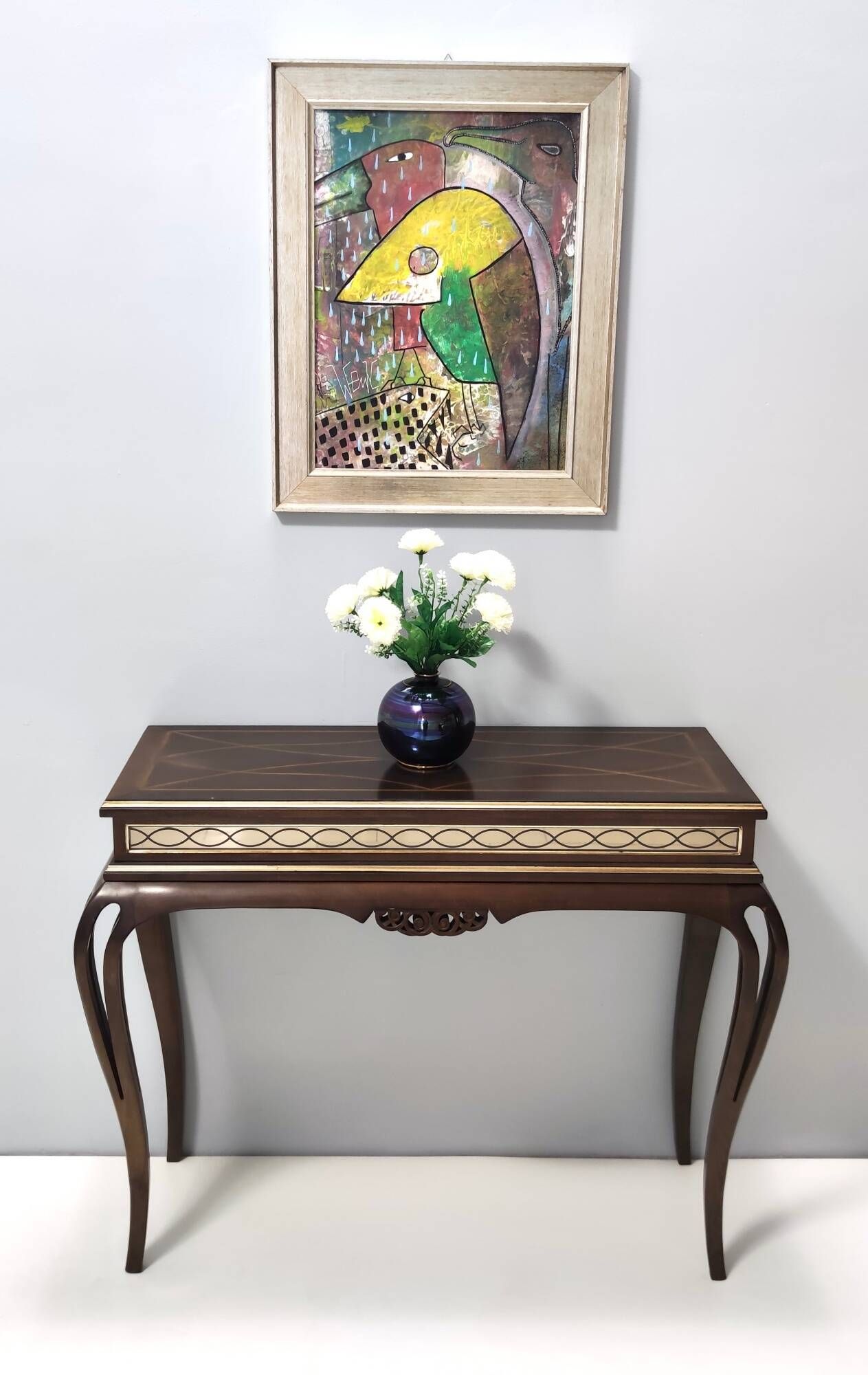 Vintage Rectangular Solid Walnut Console Table with Engraved Mirror Motif, Italy