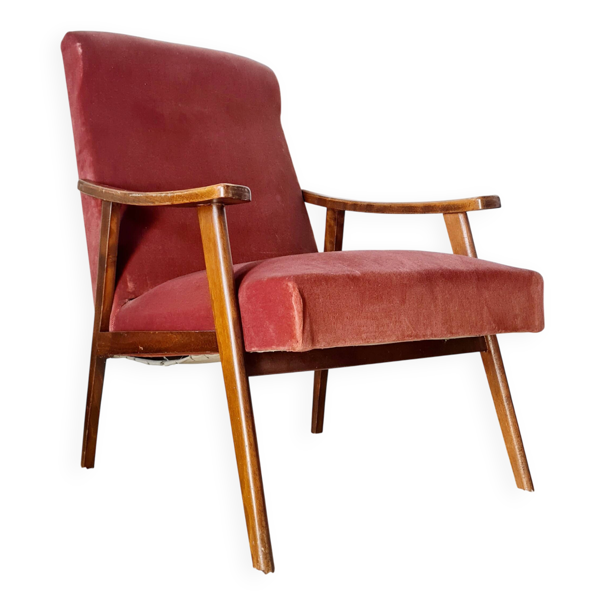 Vintage Scandinavian armchair from the 50s/60s – tapered legs, wood & velvet
