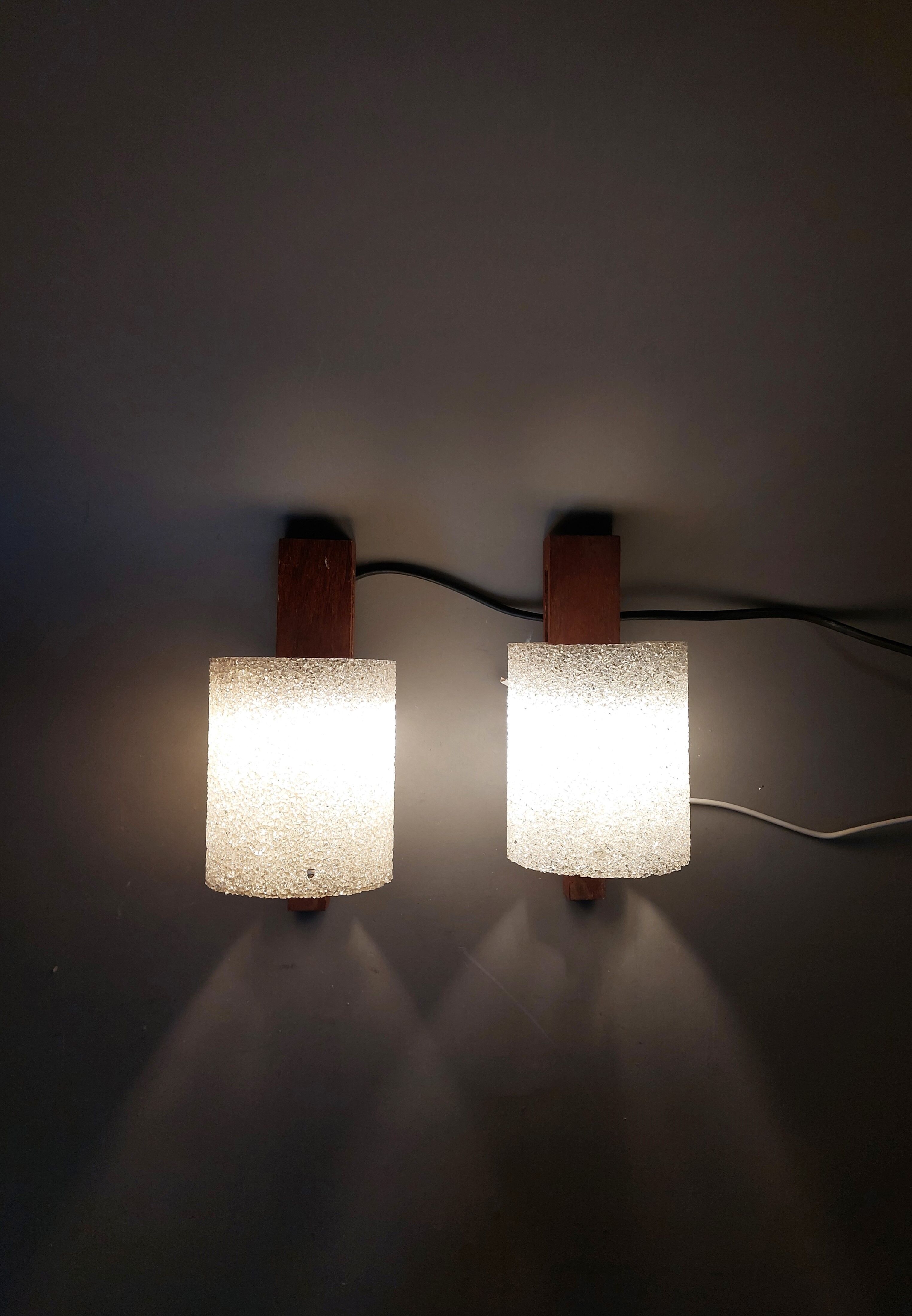Pair of Scandinavian teak and perspex sconces Vintage 1960