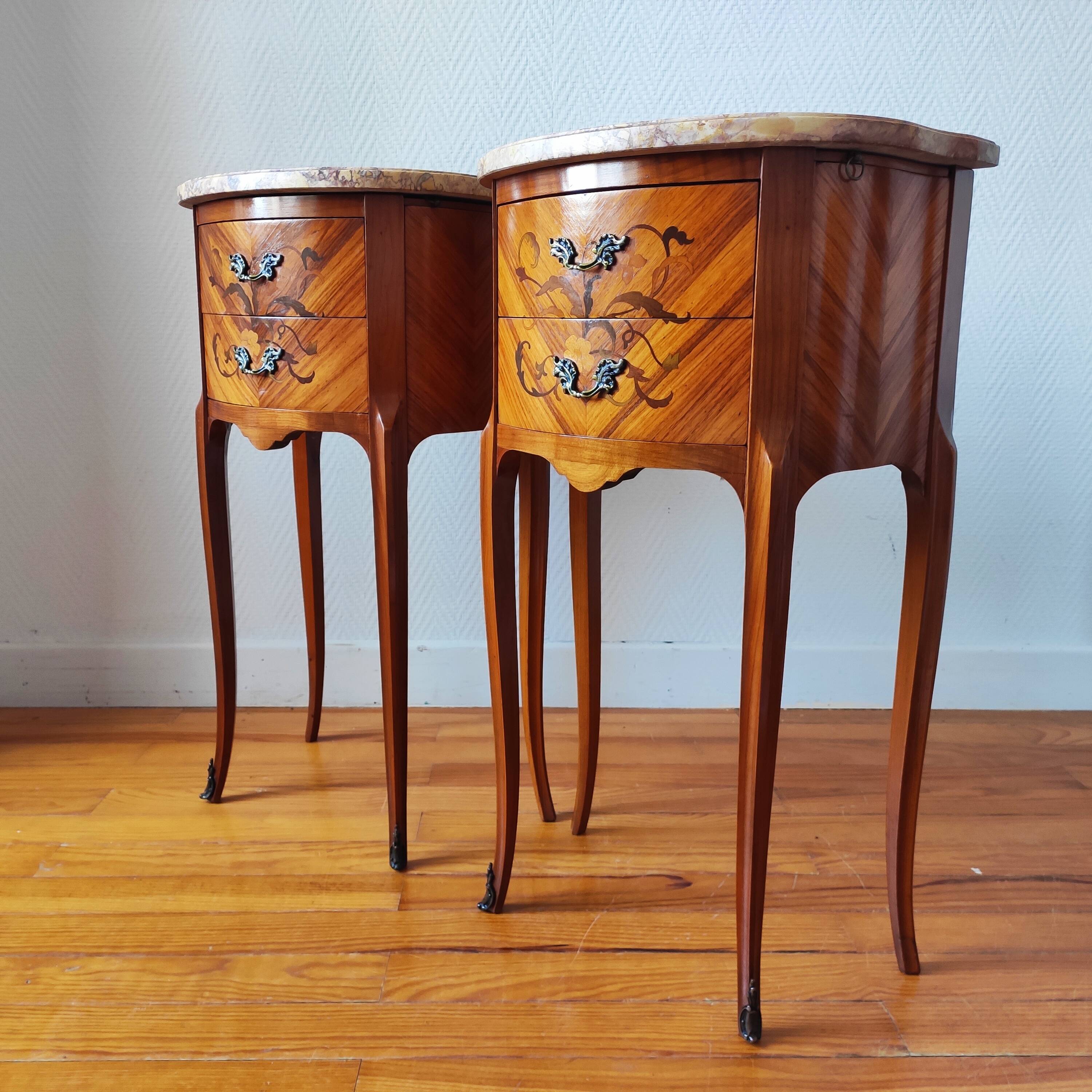 Pair of Louis XV style bedside tables with marquetry and marble.